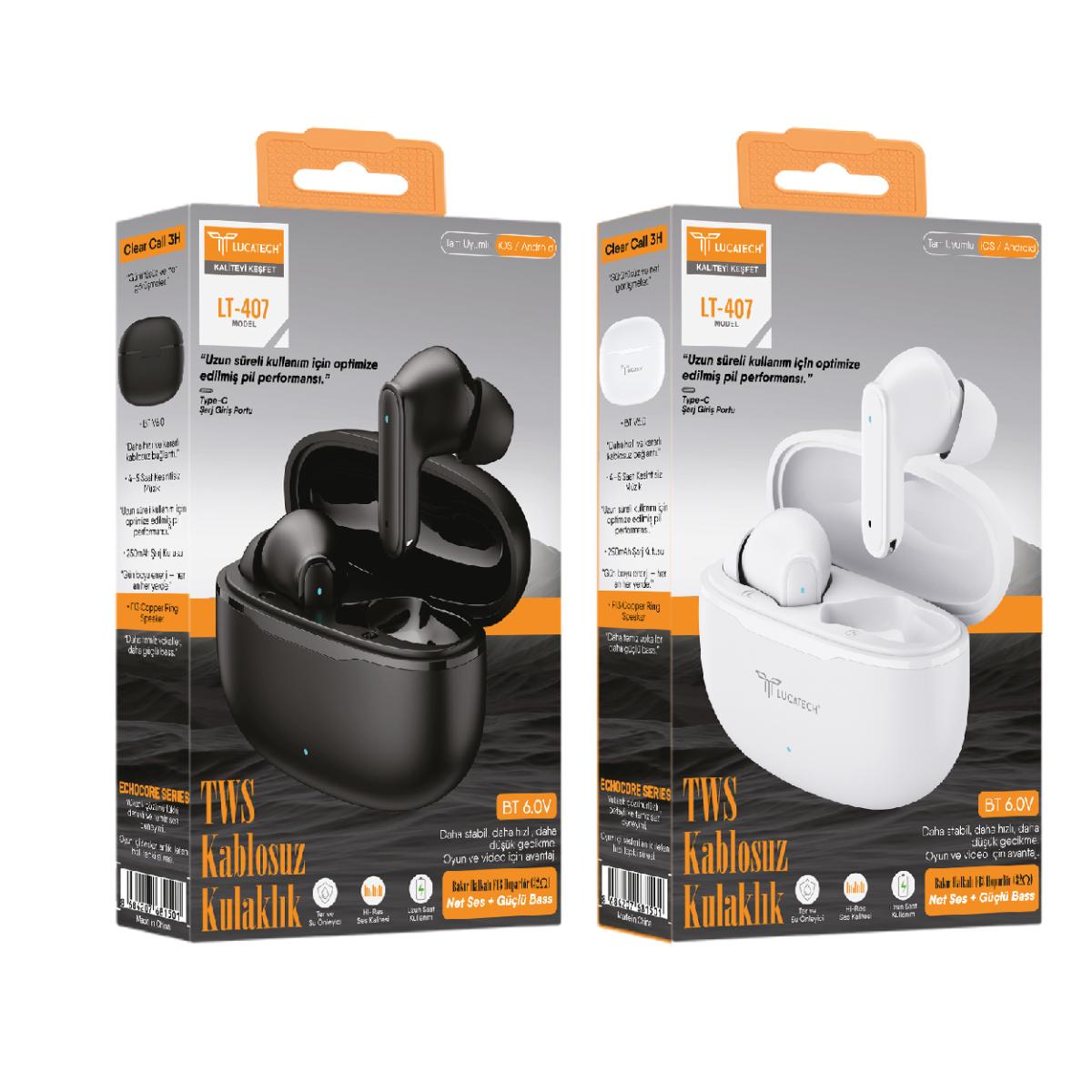 Lucatech LT-407 BLUETOOTH 6.0V TWS Wireless Kulaklık Siyah ve Beyaz renk seçenekleryle