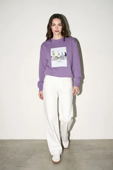 Lila Oversize Baskı Detaylı Sweatshirt